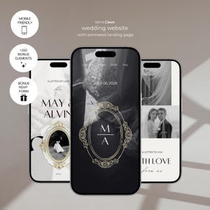 May include: Three smartphones displaying a wedding website template with an animated landing page. The screens show elegant typography, a gold ornate frame, and black and white photography. Text includes "MAY & ALVIN", "JULY 06, 2028", and "WITH LOVE".