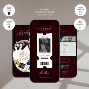 May include: Three smartphones displaying a wedding website template with a cinema ticket theme. The design features deep red backgrounds, white text, and graphics including film strips, popcorn, and a ticket with the names Alvin and May.