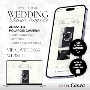 White Wedding Website Template | Animated Polaroid Camera | Canva Wedding Invitation | RSVP Website | Countdown Timer