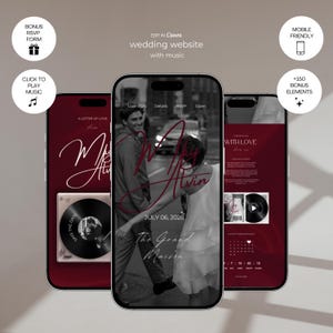 Peut inclure: Trois smartphones affichent un modèle de site web de mariage numérique avec une palette de couleurs rouge profond. Les écrans présentent une photo en noir et blanc d'un couple, une typographie élégante, un disque vinyle et un compte à rebours.