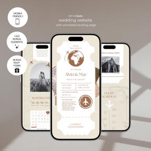 May include: Three smartphones displaying a wedding website template with a travel theme. The screens feature a cream and brown color palette, globe icons, airplane graphics, and text including "From: Two Hearts," "Alvin & May," and "Flight Schedule."