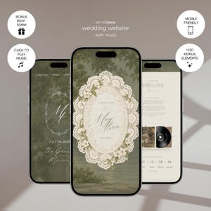 May include: Three smartphones display a wedding website template with a sage green background and cream-colored lace frame. The screens show text including "May Alvin," "July 06, 2028," "The Grand Maison," and "With Love," alongside a music player icon.