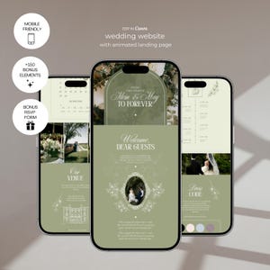 May include: Three smartphones displaying a wedding website template with an animated landing page. The design features sage green backgrounds, elegant serif typography, floral line art, and photo placeholders. Text includes "From two hearts to forever", "Alvin & May", and "Welcome, dear guests".
