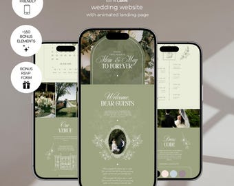 Può includere: Tre smartphone che mostrano un modello di sito web per matrimoni con una landing page animata. Il design presenta sfondi verde salvia, un'elegante tipografia serif, disegni floreali a linee e segnaposto per foto. Il testo include "From two hearts to forever", "Alvin & May" e "Welcome, dear guests".