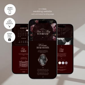 Puede incluir: Tres teléfonos inteligentes que muestran una plantilla de sitio web de bodas con tema oscuro y detalles florales. Las pantallas incluyen texto como "From Two Hearts", "Alvin & May to Forever", "Welcome, Dear Guests", "Our Venue" y "Dress Code".