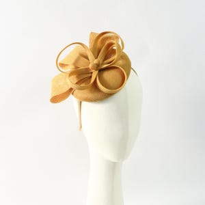 Può includere: Un fascinator color giallo senape con una base circolare e un fiocco decorativo formato da nastri di tessuto ad anello. L'accessorio è montato su un cerchietto sottile abbinato e presenta un materiale intrecciato testurizzato su tutto il design.