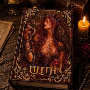 Puede incluir: Un libro de tapa dura titulado LILITH con una ilustración de portada oscura y ornamentada de una figura con cabello largo y rojo, cuernos y una serpiente enroscada en el brazo. Incluye un búho, una manzana roja y bordes dorados sobre fondo rojo.