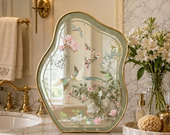 Floral Vintage Gold Mirror, Botanical Ornate Vanity Wall Decor