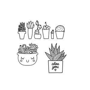 以下が含まれることがあります： 鉢植えの多肉植物とサボテンのコレクションの白黒線画。植物は一列に並んでおり、中央に笑顔の顔をした鉢植えの大きな多肉植物があります。大きなアロエ植物の鉢には「aloe you」という文字が書かれています。