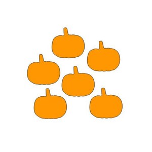 May include: Six orange pumpkins of varying sizes, arranged in a cluster. The pumpkins are all the same shade of orange and have a simple, rounded shape.