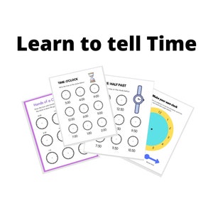 May include: A set of printable worksheets for learning to tell time. The worksheets feature analog clocks with hands, and instructions to write the time on the clocks below. The worksheets are titled "Time: O'Clock", "Time: Half Past", and "Make Your Own Clock".