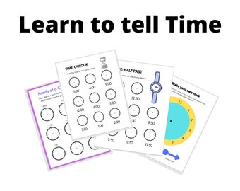 May include: A set of printable worksheets for learning to tell time. The worksheets feature analog clocks with hands, and instructions to write the time on the clocks below. The worksheets are titled "Time: O'Clock", "Time: Half Past", and "Make Your Own Clock".