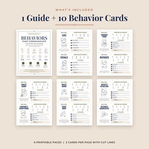 Trauma informed parenting cards, all six printable pages: one overview guide page and five pages of behavior cards, two cards per page with cut lines, a foster care training and parenting help resource