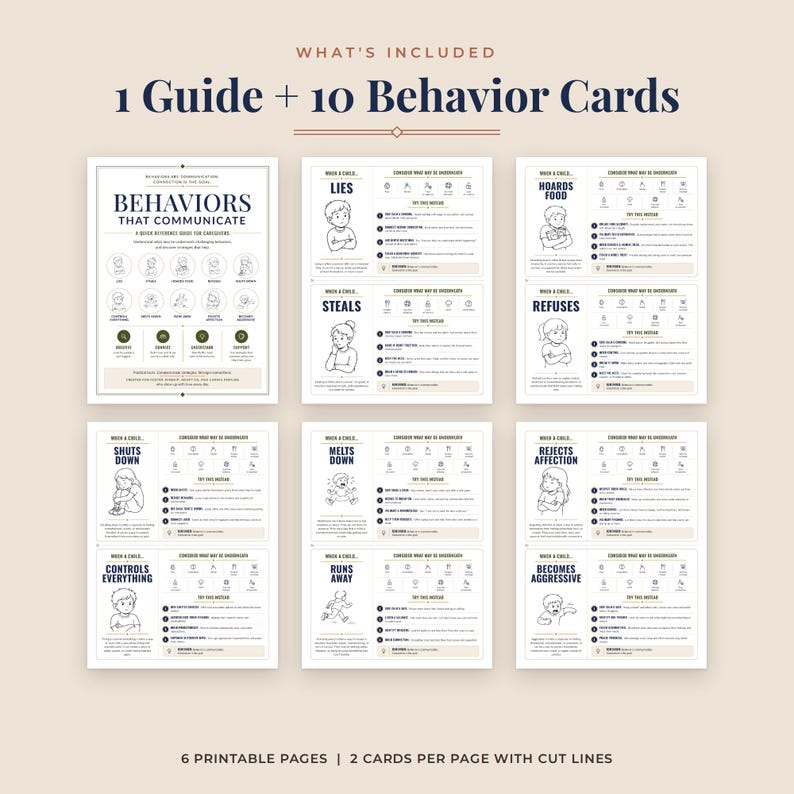Trauma informed parenting cards, all six printable pages: one overview guide page and five pages of behavior cards, two cards per page with cut lines, a foster care training and parenting help resource