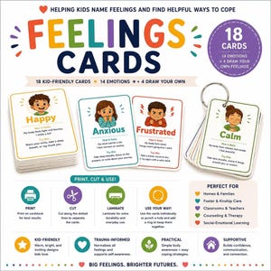 Feelings Cards for Kids | 18 Printable Emotion Cards w/ Coping Tips, Feelings Flashcards for Toddlers, Preschool, Therapy, Calm Corner, SEL