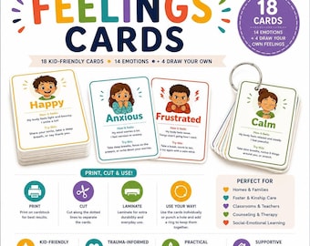 Gevoelenskaarten voor kinderen | 18 printbare emotiekaarten met copingtips, gevoelsflitskaarten voor peuters, kleuters, therapie, rusthoek, SEL