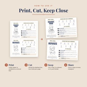 Trauma informed parenting cards four steps: print on letter paper or cardstock, cut along the dashed line, keep them close, and share with every caregiver, printable behavior cards for foster care training