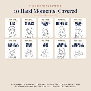 Trauma informed parenting cards grid of all ten behaviors: lies, steals, hoards food, refuses, shuts down, controls everything, melts down, runs away, rejects affection, becomes aggressive, child meltdown help for foster parents