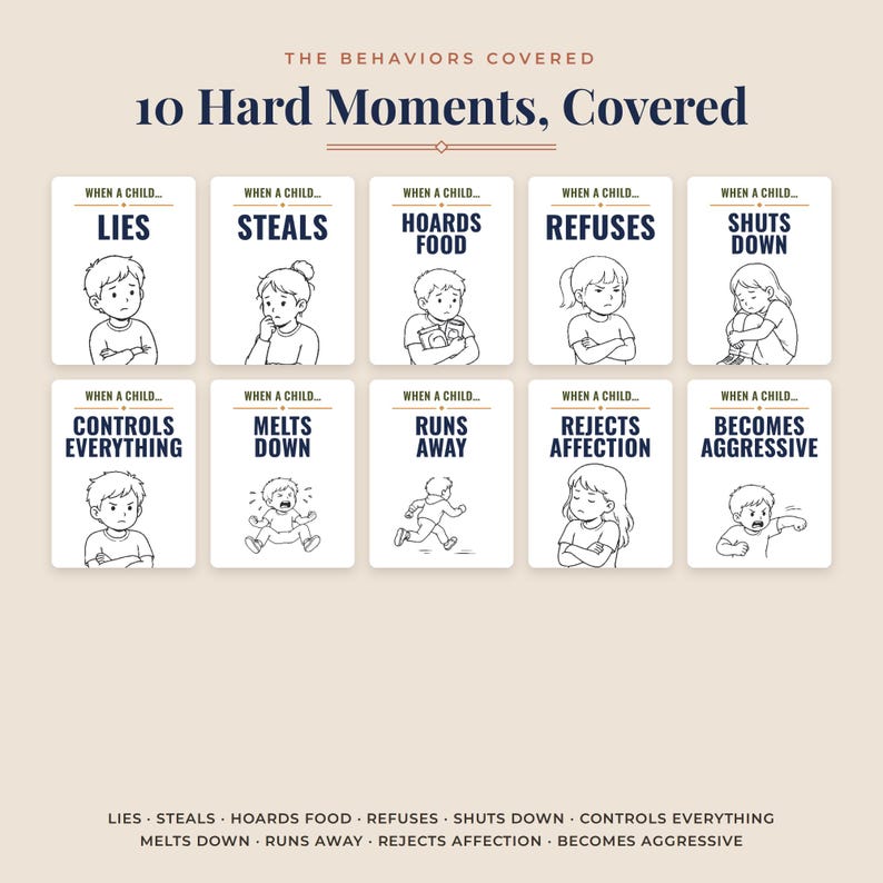 Trauma informed parenting cards grid of all ten behaviors: lies, steals, hoards food, refuses, shuts down, controls everything, melts down, runs away, rejects affection, becomes aggressive, child meltdown help for foster parents
