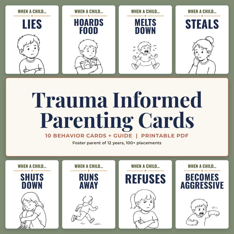 Trauma informed parenting cards printable with eight behavior cards for lies, hoards food, melts down, steals, shuts down, runs away, refuses and becomes aggressive around a title banner, challenging behavior support for foster parents