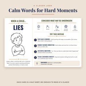 Trauma informed parenting cards close up of the When a Child Lies card with connection based strategies for foster, kinship and adoptive parents, printable behavior cards for child behavior support