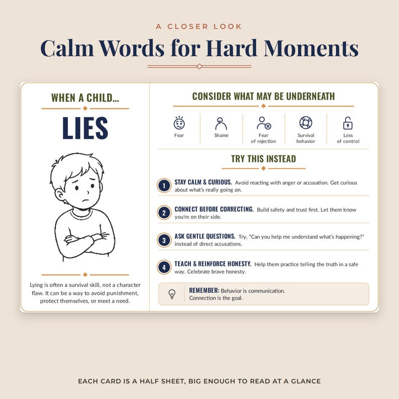 Trauma informed parenting cards close up of the When a Child Lies card with connection based strategies for foster, kinship and adoptive parents, printable behavior cards for child behavior support