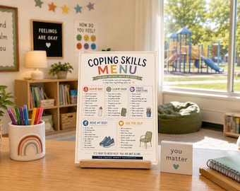 Menuposter met copingvaardigheden | Printbare kaart met kalmeringsstrategieën voor kinderen, klasdecoratie, kantoor van de schoolpsycholoog, therapieruimte, SEL-print