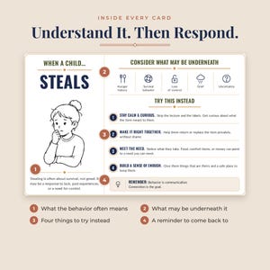 Trauma informed parenting cards annotated When a Child Steals card showing what the behavior often means, what may be underneath, four strategies to try instead, and a reminder, challenging behavior help for therapeutic parents