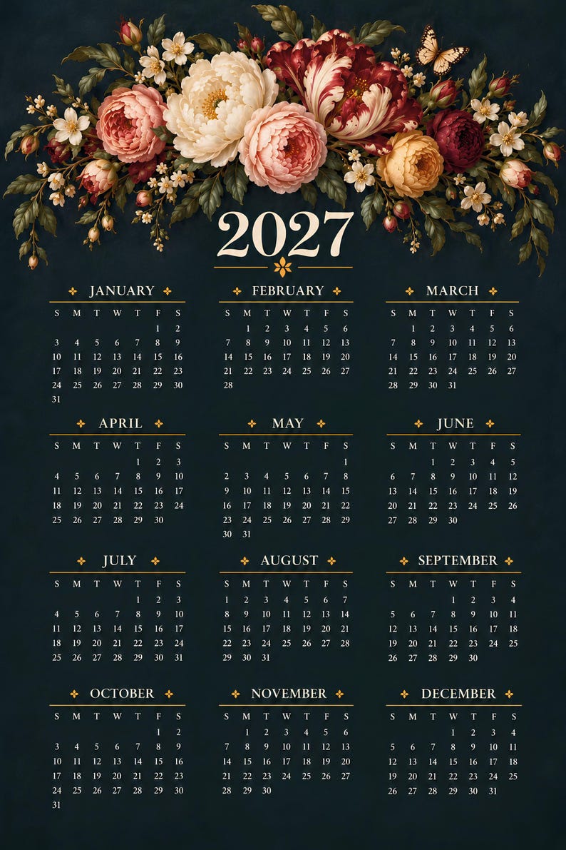 2027 Calendar Printable, 2027 Wall Calendar, Moody Wall Art, Year at a