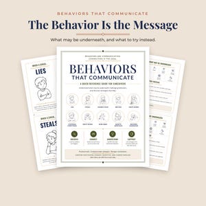 Trauma informed parenting cards, Behaviors That Communicate quick reference guide for caregivers shown in front of two printable behavior cards pages, child behavior support for foster care and adoptive parents