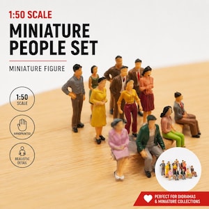 May include: A set of 1:50 scale miniature people figures featuring various individuals in diverse clothing colors including yellow, red, green, and brown. The set includes standing and sitting figures with handpainted details for dioramas.