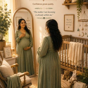 Puede incluir: Un vestido de maternidad verde salvia de manga larga con tela texturizada, mostrado en una persona embarazada frente a un espejo arqueado de cuerpo entero. La imagen incluye el texto: SESSION 8 Trusting Yourself, Confidence grows quietly, The mother I am becoming is already within me, My voice is part of our story, I am becoming everything I need, Notes for My Heart y The Invisible Load Project.