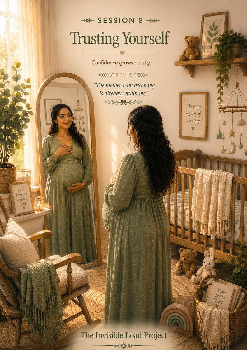 Puede incluir: Un vestido de maternidad verde salvia de manga larga con tela texturizada, mostrado en una persona embarazada frente a un espejo arqueado de cuerpo entero. La imagen incluye el texto: SESSION 8 Trusting Yourself, Confidence grows quietly, The mother I am becoming is already within me, My voice is part of our story, I am becoming everything I need, Notes for My Heart y The Invisible Load Project.