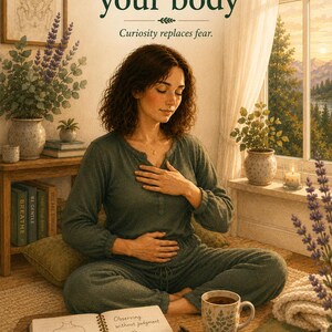 May include: A poster titled SESSION 2 Mapping your body Curiosity replaces fear. It shows a person sitting cross-legged in a dark green long-sleeved shirt and pants, hands on chest and stomach. An open notebook displays a body sketch and text.