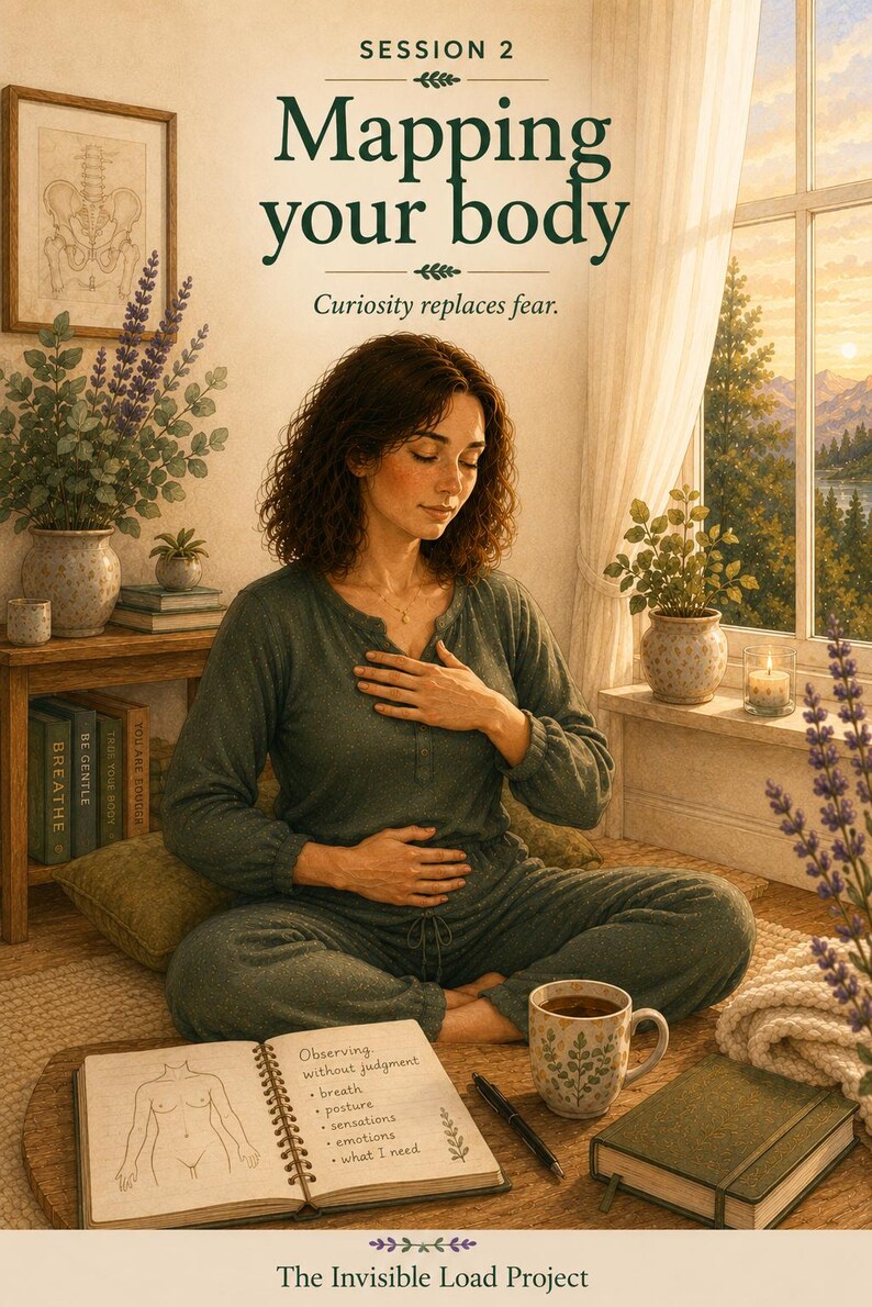 May include: A poster titled SESSION 2 Mapping your body Curiosity replaces fear. It shows a person sitting cross-legged in a dark green long-sleeved shirt and pants, hands on chest and stomach. An open notebook displays a body sketch and text.