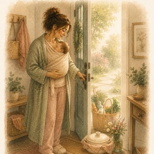 May include: An illustration titled Session 6 Letting the Village In featuring a person in a robe and slippers holding a baby in a wrap, opening a door to a garden. A basket of groceries, a pot, and flowers are nearby. The Invisible Load Project text.