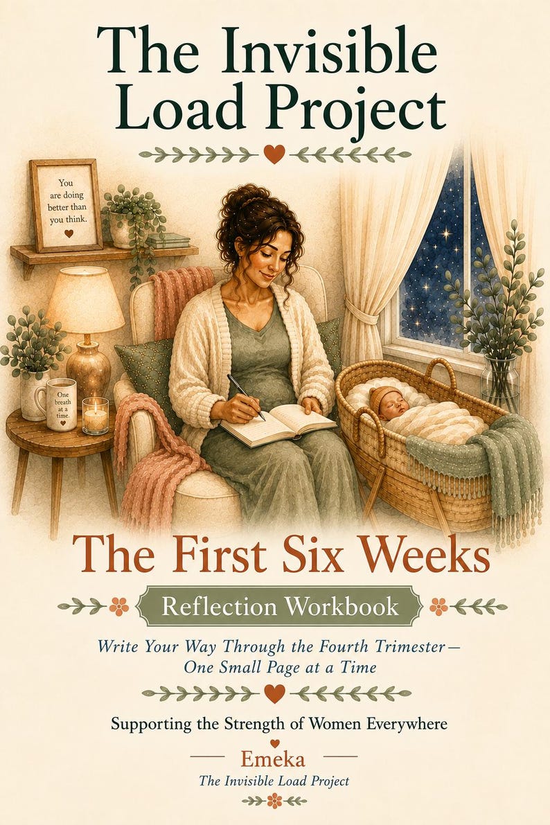May include: A reflection workbook titled The Invisible Load Project: The First Six Weeks. The cover features an illustration of a person writing in a journal while sitting in a chair next to a baby in a wicker bassinet, with text detailing the workbook's purpose.