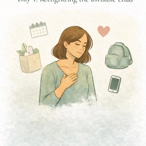 Peut inclure: Une illustration num&eacute;rique avec le texte Day 1: Recognizing the Invisible Load. Une personne aux cheveux bruns portant un haut vert est entour&eacute;e d'ic&ocirc;nes flottantes dont un calendrier, un sac d'&eacute;picerie, un c&oelig;ur, un sac &agrave; dos et un t&eacute;l&eacute;phone.