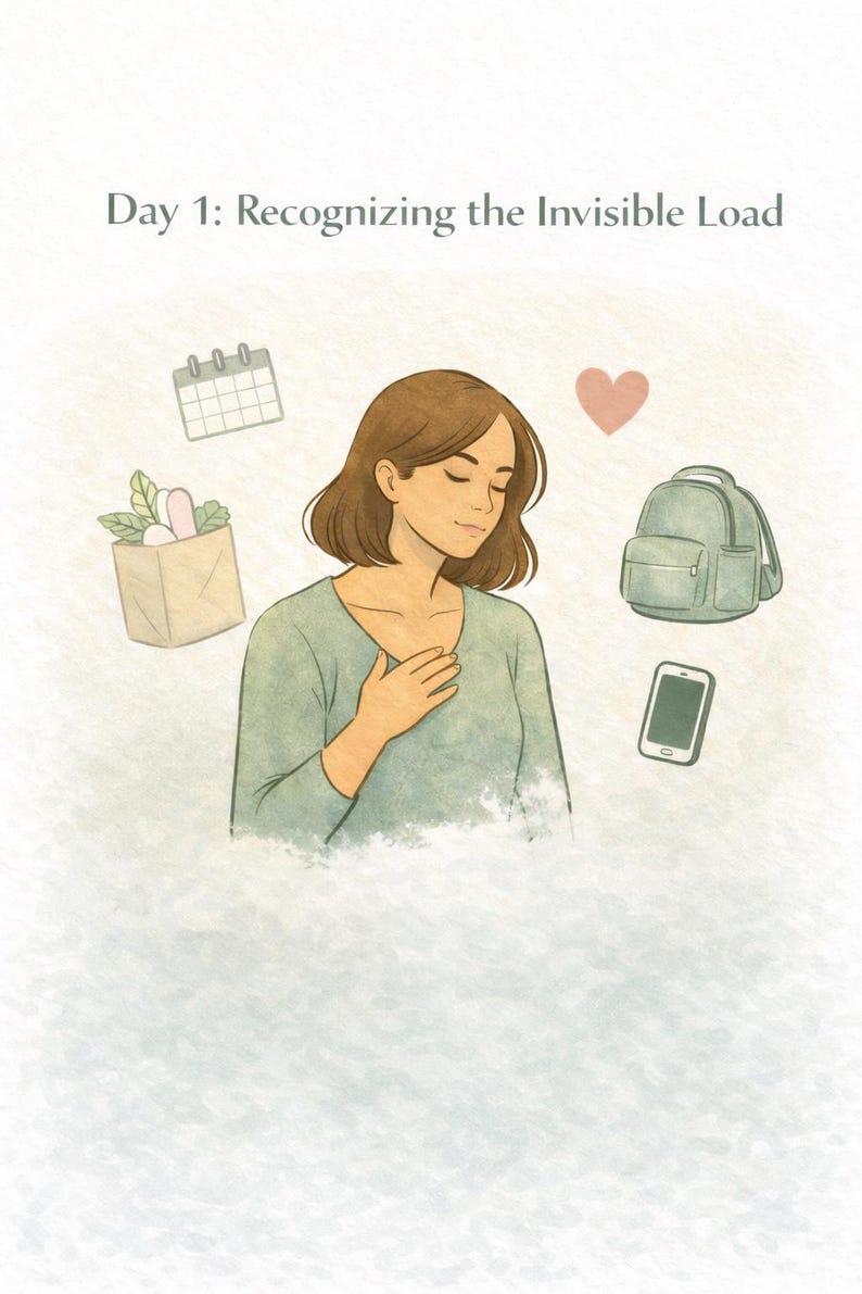 Peut inclure: Une illustration num&eacute;rique avec le texte Day 1: Recognizing the Invisible Load. Une personne aux cheveux bruns portant un haut vert est entour&eacute;e d'ic&ocirc;nes flottantes dont un calendrier, un sac d'&eacute;picerie, un c&oelig;ur, un sac &agrave; dos et un t&eacute;l&eacute;phone.