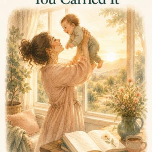 May include: A watercolour illustration featuring a person in a peach-coloured robe lifting a baby in a grey outfit. The text reads The End, You Carried It, and The Invisible Load Project. An open book, a flower in a vase, and a mug sit on a table.