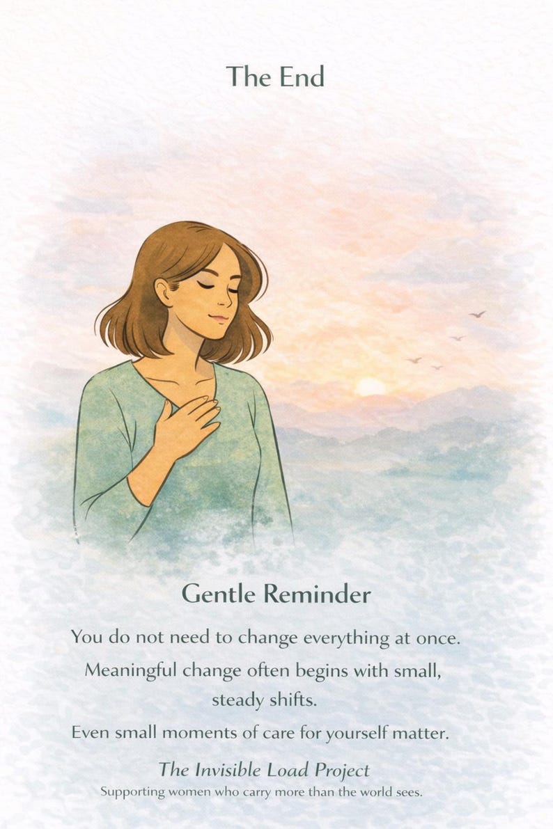 Puede incluir: Una ilustraci&oacute;n digital de una persona con cabello casta&ntilde;o hasta los hombros, vistiendo una camisa verde claro de manga larga, con la mano en el pecho. El texto dice: The End, Gentle Reminder, You do not need to change everything at once. Meaningful change often begins with small, steady shifts. Even small moments of care for yourself matter. The Invisible Load Project, Supporting women who carry more than the world sees.