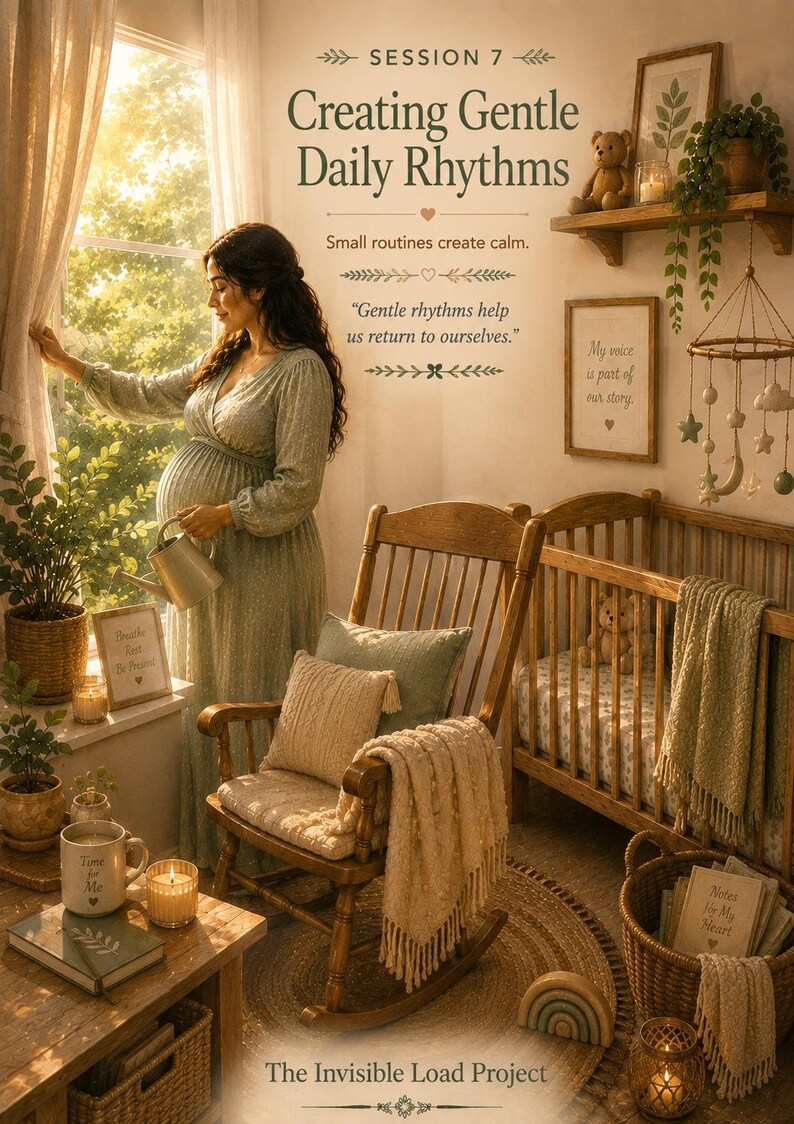 May include: A room scene featuring a wooden rocking chair with a textured throw, a wooden crib with a hanging mobile, a wicker basket, and wall art with the text Session 7 Creating Gentle Daily Rhythms and Gentle rhythms help us return to ourselves.
