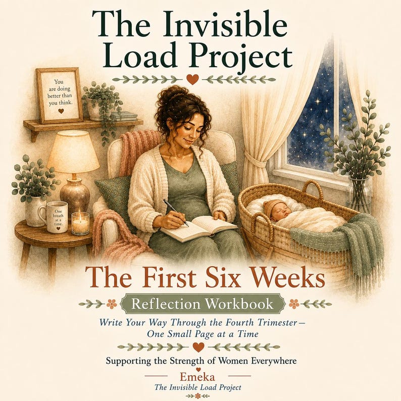 May include: A book cover titled The Invisible Load Project: The First Six Weeks Reflection Workbook. The illustration shows a person writing in a journal while sitting in a chair next to a sleeping infant in a wicker bassinet by a window at night.