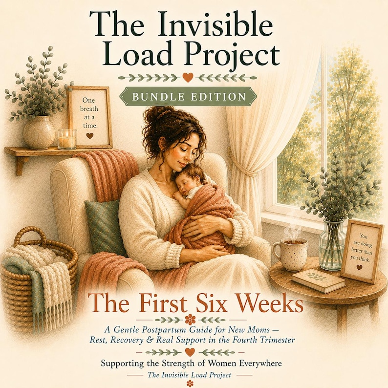Peut inclure: Une couverture de livre intitul&eacute;e The Invisible Load Project Bundle Edition The First Six Weeks A Gentle Postpartum Guide for New Moms avec une illustration d'une personne tenant un b&eacute;b&eacute; dans un fauteuil avec un panier, une tasse et des cadres.