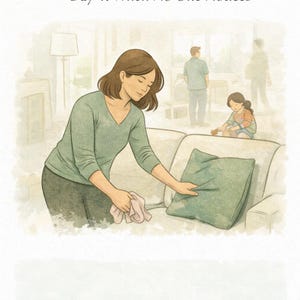 Puede incluir: Una ilustraci&oacute;n al estilo acuarela titulada Day 4: When No One Notices, que muestra a una persona con una camisa verde de manga larga ajustando un coj&iacute;n verde en un sof&aacute;, mientras otra persona y un ni&ntilde;o son visibles al fondo de la habitaci&oacute;n.