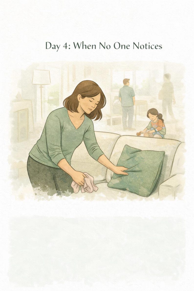 Puede incluir: Una ilustraci&oacute;n al estilo acuarela titulada Day 4: When No One Notices, que muestra a una persona con una camisa verde de manga larga ajustando un coj&iacute;n verde en un sof&aacute;, mientras otra persona y un ni&ntilde;o son visibles al fondo de la habitaci&oacute;n.
