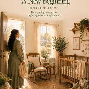 K&ouml;nnte beinhalten: Ein Kinderzimmer mit einem h&ouml;lzernen Kinderbett mit cremefarbener Decke, einem Schaukelstuhl mit Kissen, einem runden Jute-Teppich und einem Wandschild mit der Aufschrift: The End A New Beginning Every ending becomes the beginning of something beautiful. You are so loved.