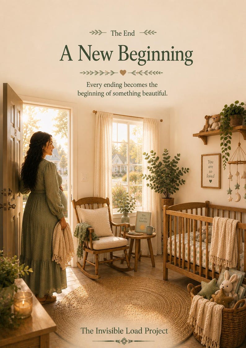 K&ouml;nnte beinhalten: Ein Kinderzimmer mit einem h&ouml;lzernen Kinderbett mit cremefarbener Decke, einem Schaukelstuhl mit Kissen, einem runden Jute-Teppich und einem Wandschild mit der Aufschrift: The End A New Beginning Every ending becomes the beginning of something beautiful. You are so loved.