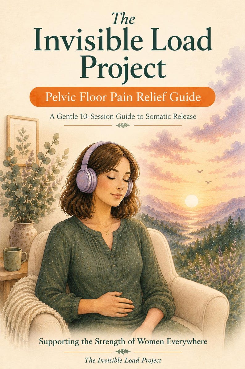 May include: A book cover titled The Invisible Load Project: Pelvic Floor Pain Relief Guide, A Gentle 10-Session Guide to Somatic Release. It features an illustration of a person wearing purple headphones, sitting in a chair, with a sunset landscape.