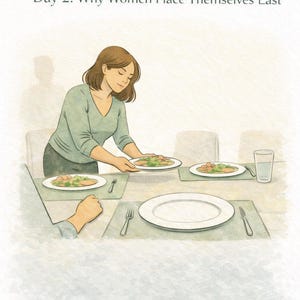 May include: A digital illustration titled Day 2: Why Women Place Themselves Last, depicting a person in a green shirt setting plates of food on a dining table. The table is set with placemats, forks, knives, and a glass of water for multiple people.